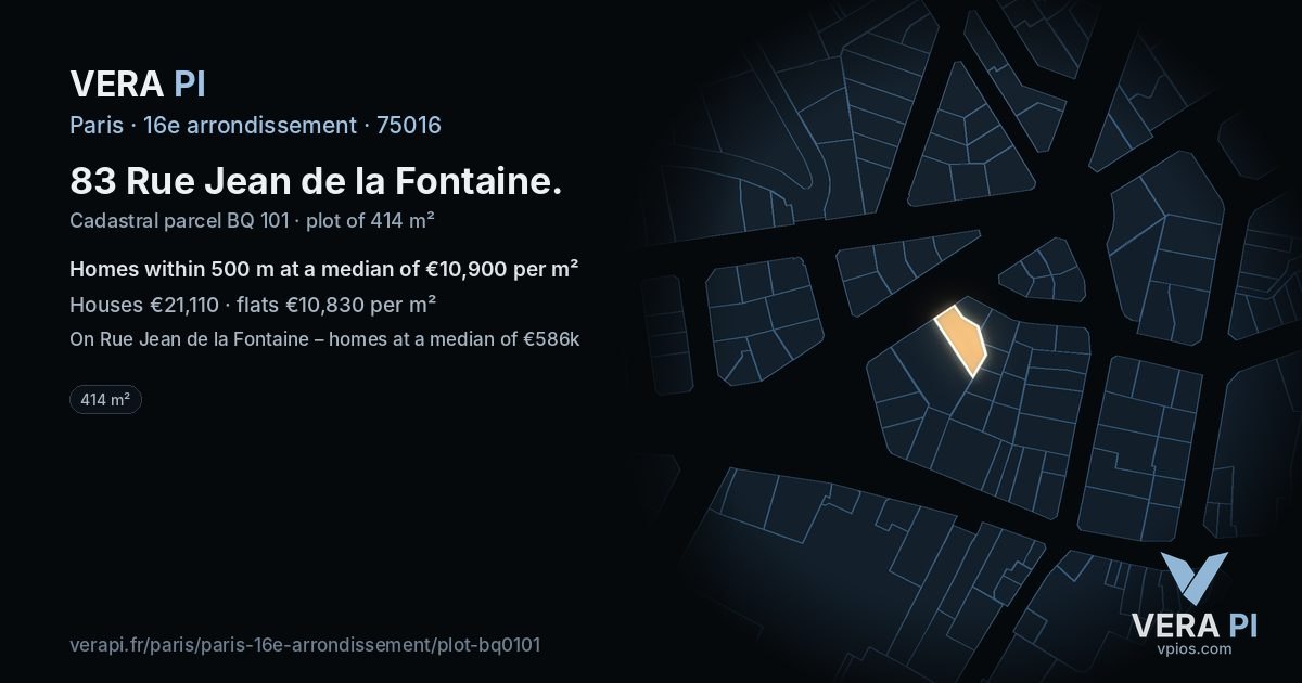 83 Rue Jean de la Fontaine, 16e arrondissement at night – the plot lit, the parcels around coloured by the prices near them