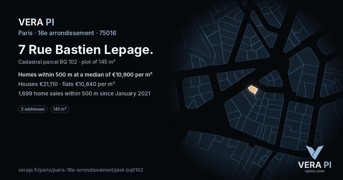 7 Rue Bastien Lepage, 16e arrondissement at night – the plot lit, the parcels around coloured by the prices near them
