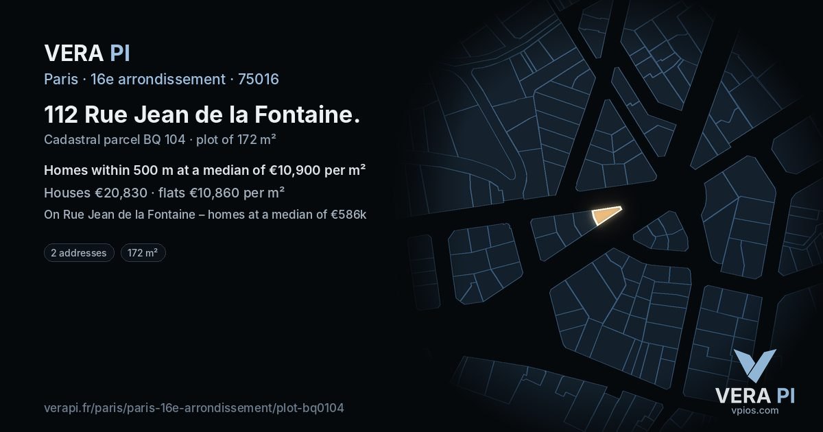 112 Rue Jean de la Fontaine, 16e arrondissement at night – the plot lit, the parcels around coloured by the prices near them