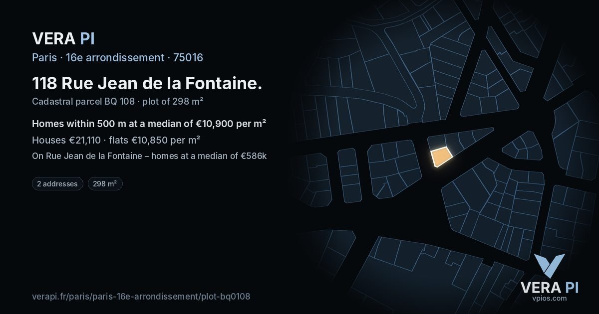 118 Rue Jean de la Fontaine, 16e arrondissement at night – the plot lit, the parcels around coloured by the prices near them