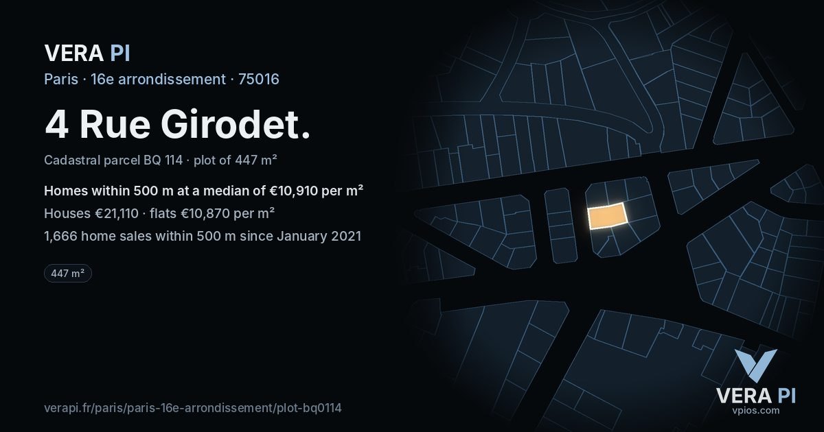 4 Rue Girodet, 16e arrondissement at night – the plot lit, the parcels around coloured by the prices near them