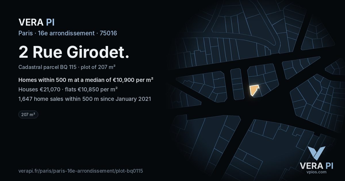 2 Rue Girodet, 16e arrondissement at night – the plot lit, the parcels around coloured by the prices near them