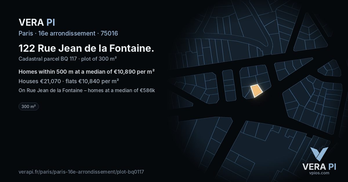 122 Rue Jean de la Fontaine, 16e arrondissement at night – the plot lit, the parcels around coloured by the prices near them