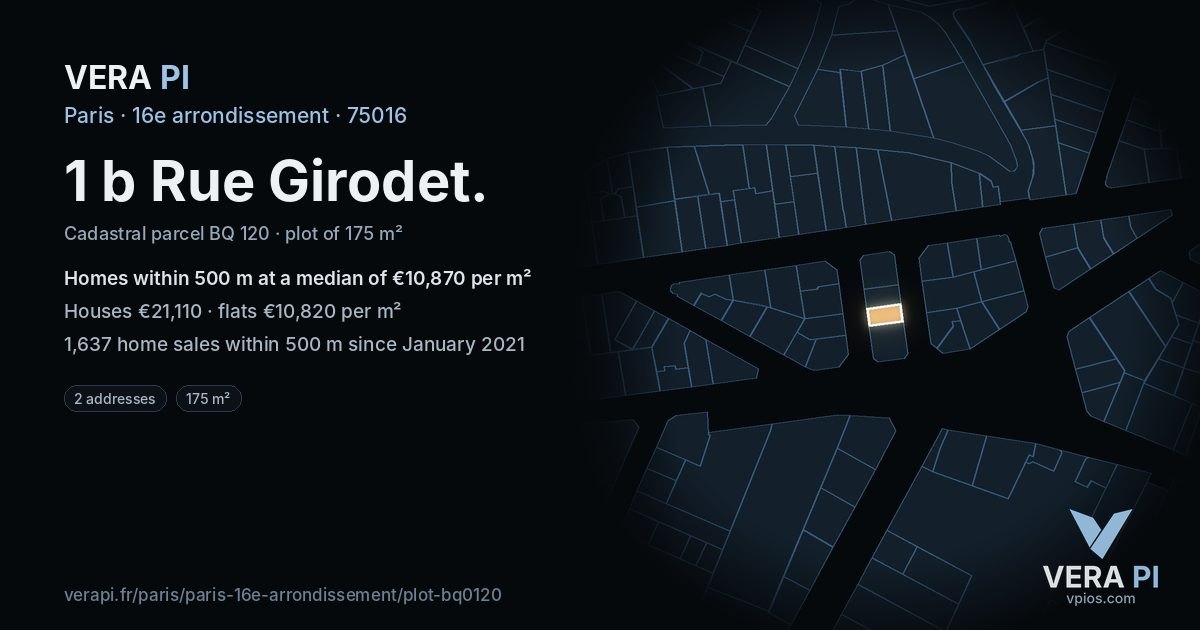 1 b Rue Girodet, 16e arrondissement at night – the plot lit, the parcels around coloured by the prices near them