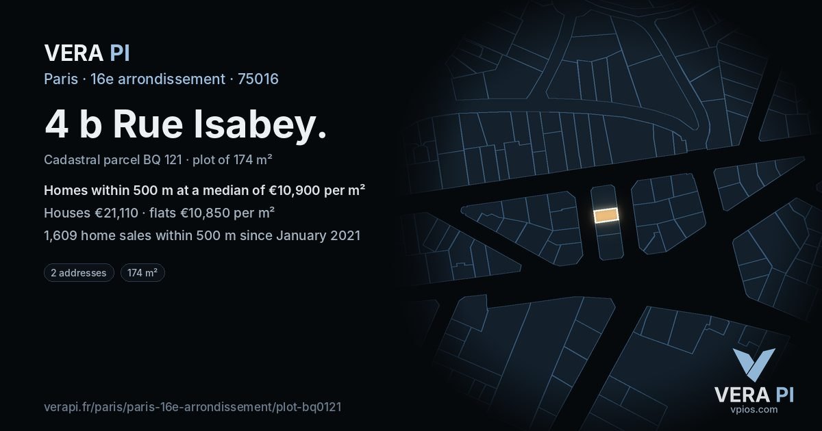 4 b Rue Isabey, 16e arrondissement at night – the plot lit, the parcels around coloured by the prices near them