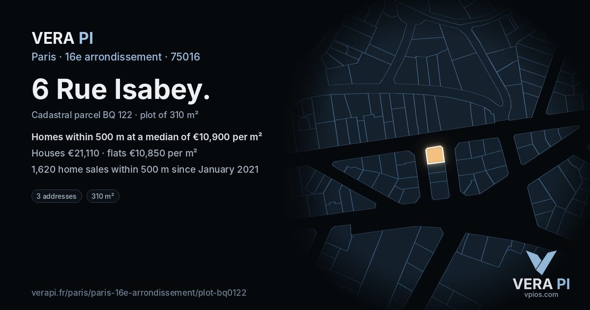 6 Rue Isabey, 16e arrondissement at night – the plot lit, the parcels around coloured by the prices near them