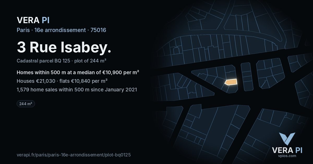 3 Rue Isabey, 16e arrondissement at night – the plot lit, the parcels around coloured by the prices near them