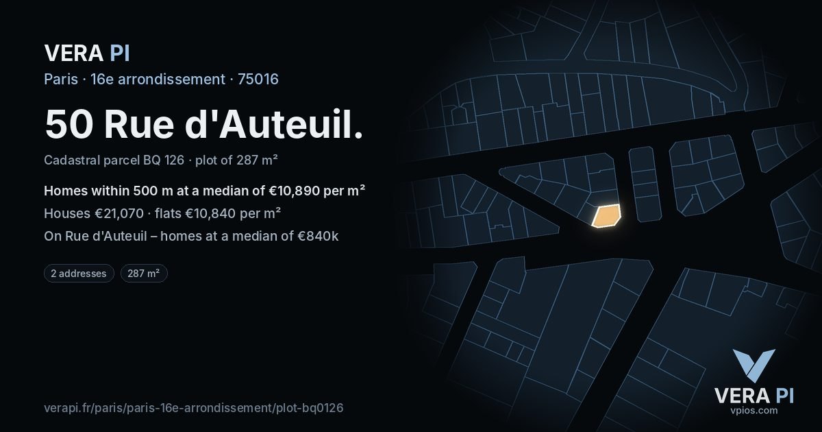 50 Rue d'Auteuil, 16e arrondissement at night – the plot lit, the parcels around coloured by the prices near them