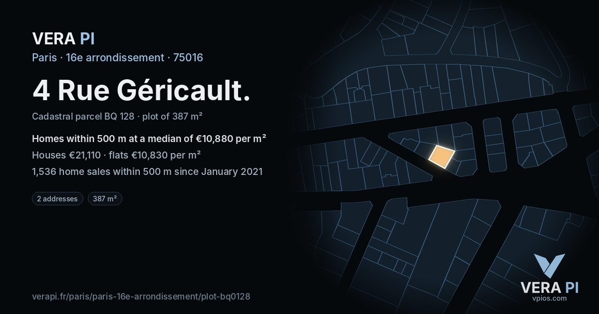 4 Rue Géricault, 16e arrondissement at night – the plot lit, the parcels around coloured by the prices near them