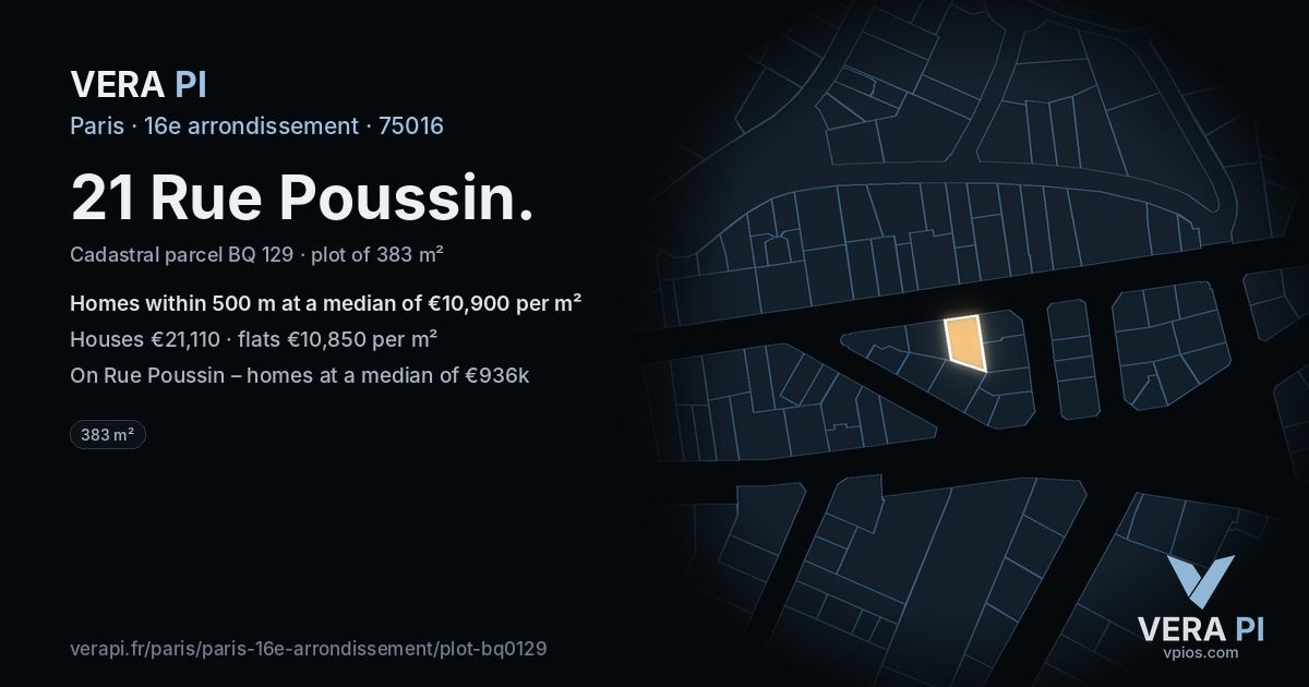 21 Rue Poussin, 16e arrondissement at night – the plot lit, the parcels around coloured by the prices near them