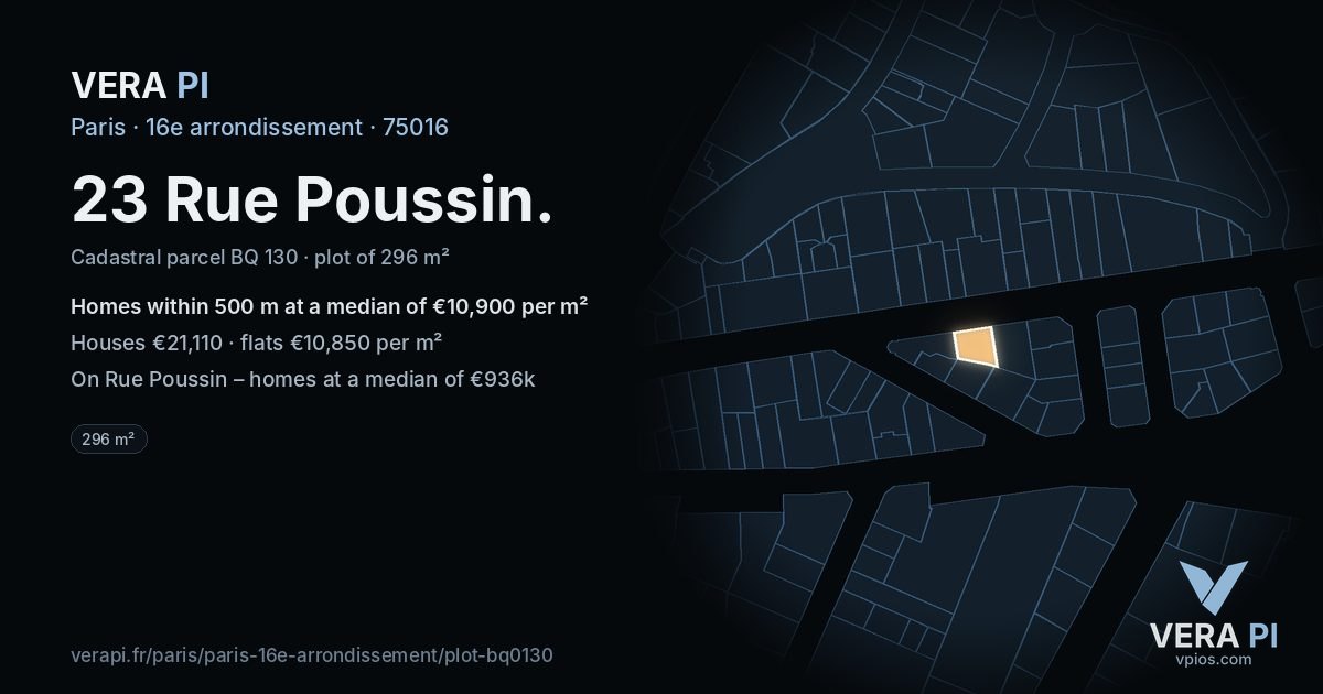 23 Rue Poussin, 16e arrondissement at night – the plot lit, the parcels around coloured by the prices near them
