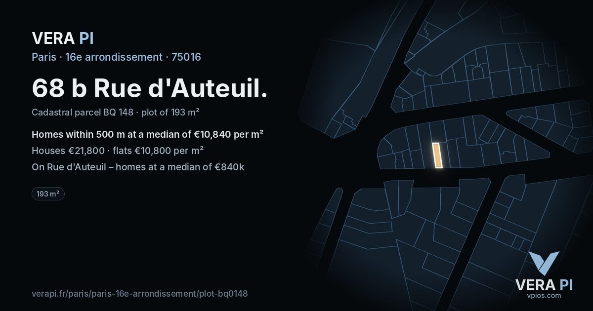 68 b Rue d'Auteuil, 16e arrondissement at night – the plot lit, the parcels around coloured by the prices near them