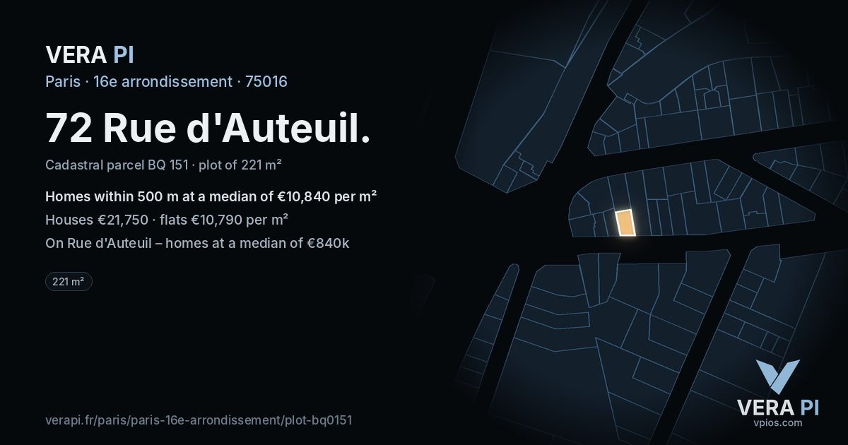 72 Rue d'Auteuil, 16e arrondissement at night – the plot lit, the parcels around coloured by the prices near them