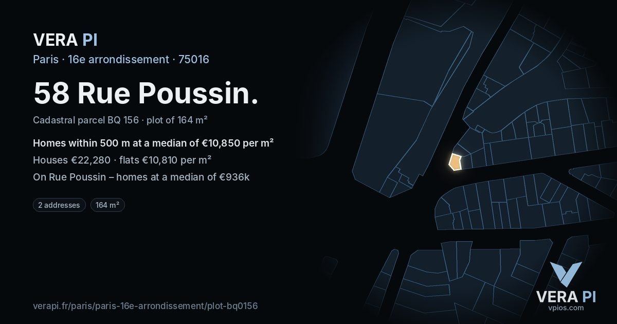58 Rue Poussin, 16e arrondissement at night – the plot lit, the parcels around coloured by the prices near them