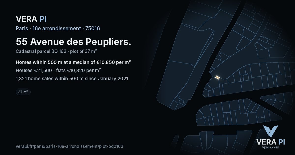 55 Avenue des Peupliers, 16e arrondissement at night – the plot lit, the parcels around coloured by the prices near them