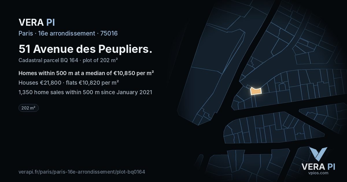 51 Avenue des Peupliers, 16e arrondissement at night – the plot lit, the parcels around coloured by the prices near them