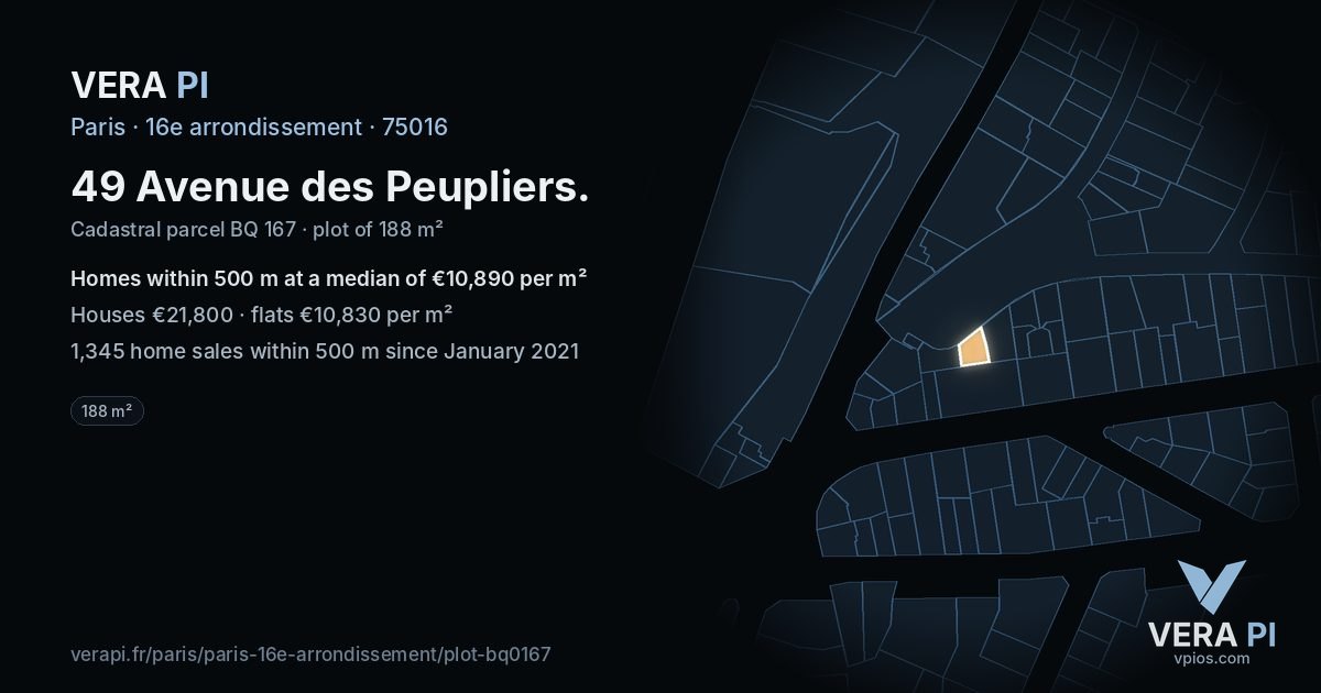 49 Avenue des Peupliers, 16e arrondissement at night – the plot lit, the parcels around coloured by the prices near them