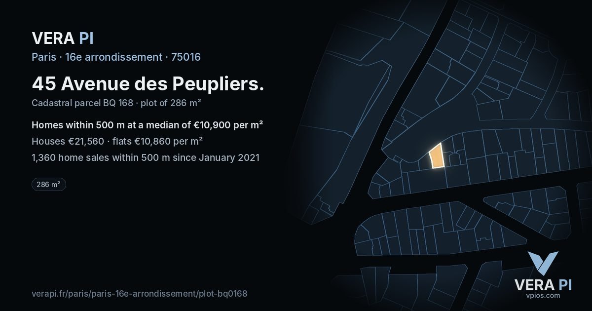 45 Avenue des Peupliers, 16e arrondissement at night – the plot lit, the parcels around coloured by the prices near them
