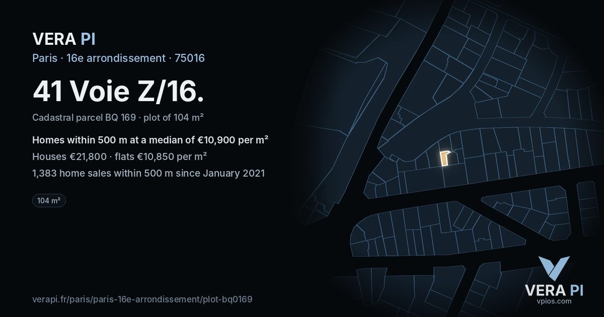 41 Voie Z/16, 16e arrondissement at night – the plot lit, the parcels around coloured by the prices near them