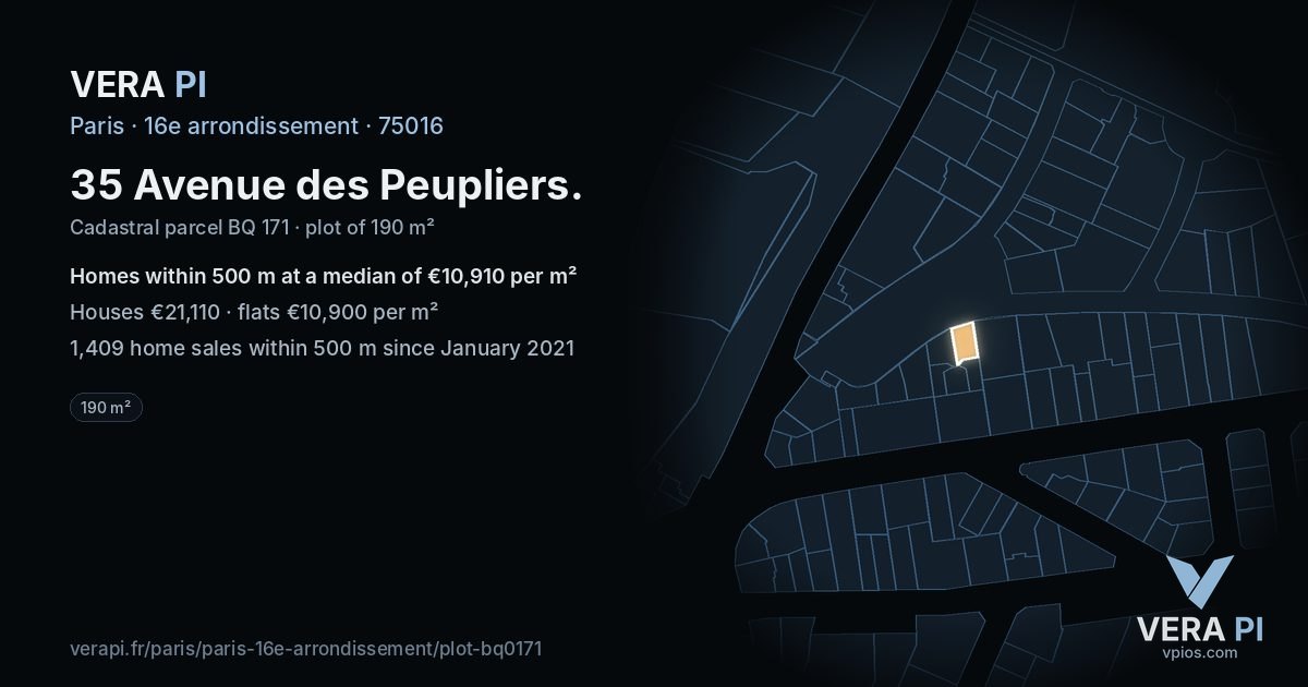 35 Avenue des Peupliers, 16e arrondissement at night – the plot lit, the parcels around coloured by the prices near them