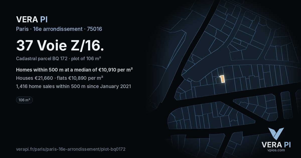 37 Voie Z/16, 16e arrondissement at night – the plot lit, the parcels around coloured by the prices near them