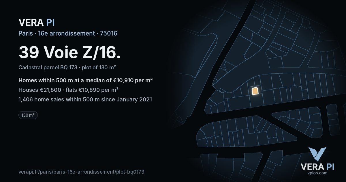 39 Voie Z/16, 16e arrondissement at night – the plot lit, the parcels around coloured by the prices near them
