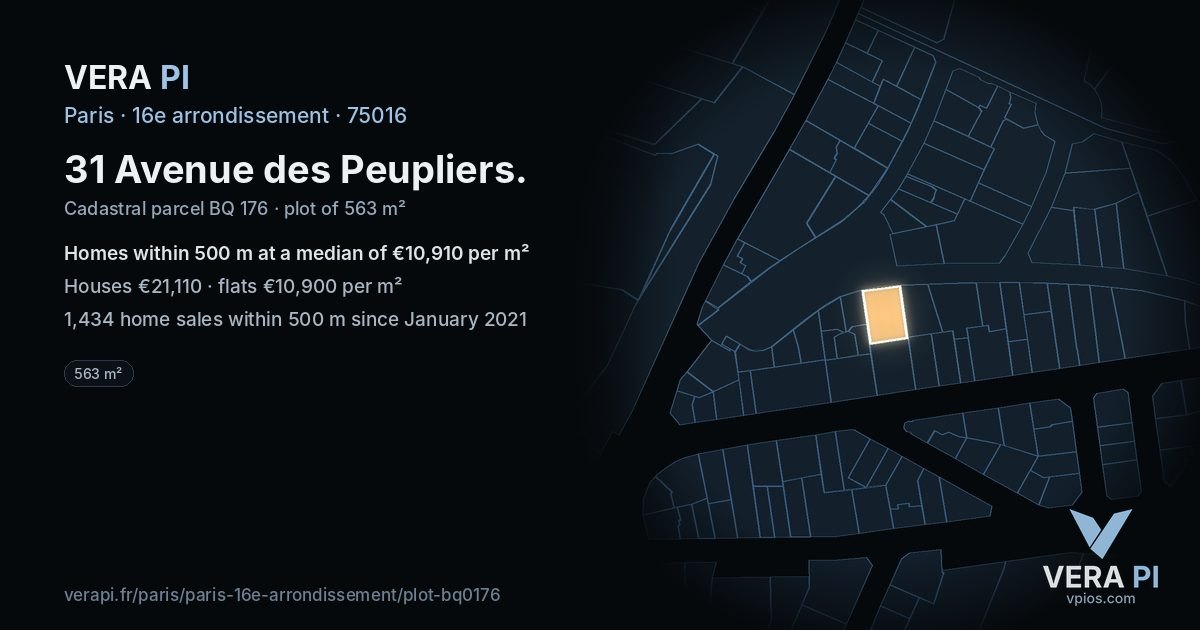 31 Avenue des Peupliers, 16e arrondissement at night – the plot lit, the parcels around coloured by the prices near them