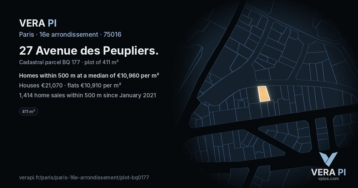 27 Avenue des Peupliers, 16e arrondissement at night – the plot lit, the parcels around coloured by the prices near them
