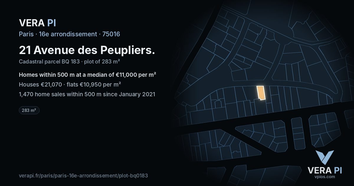 21 Avenue des Peupliers, 16e arrondissement at night – the plot lit, the parcels around coloured by the prices near them