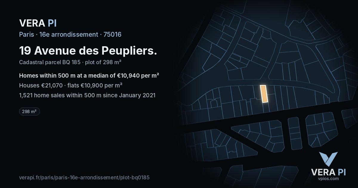19 Avenue des Peupliers, 16e arrondissement at night – the plot lit, the parcels around coloured by the prices near them