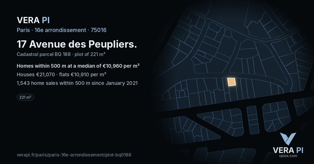 17 Avenue des Peupliers, 16e arrondissement at night – the plot lit, the parcels around coloured by the prices near them