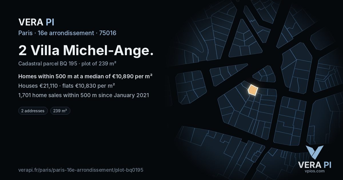 2 Villa Michel-Ange, 16e arrondissement at night – the plot lit, the parcels around coloured by the prices near them