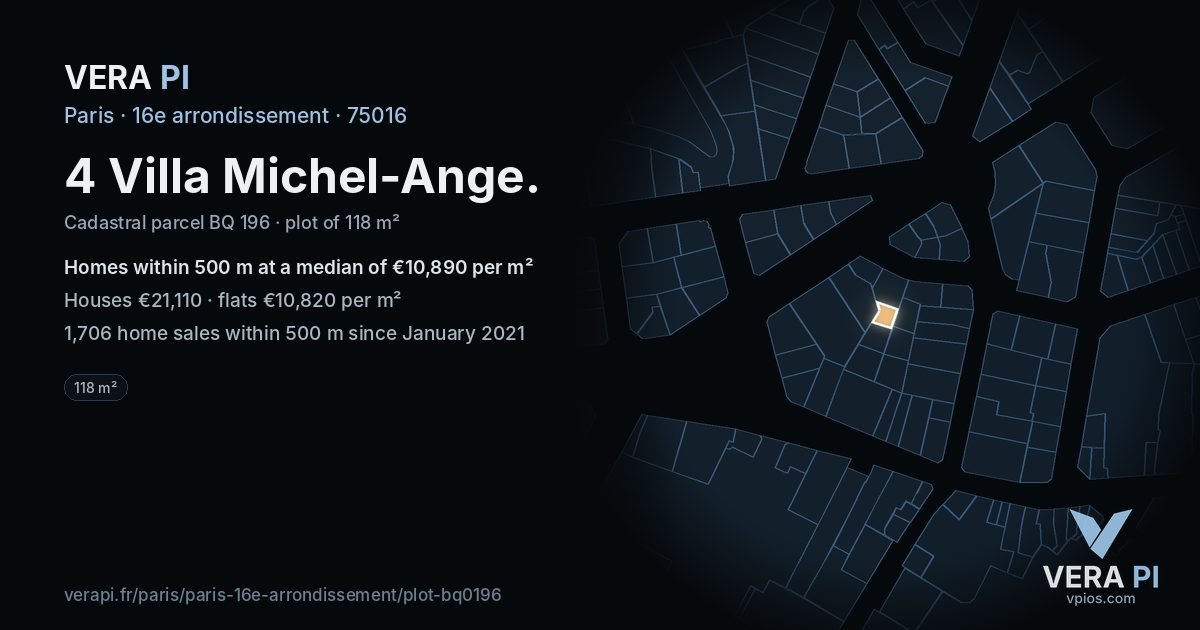 4 Villa Michel-Ange, 16e arrondissement at night – the plot lit, the parcels around coloured by the prices near them
