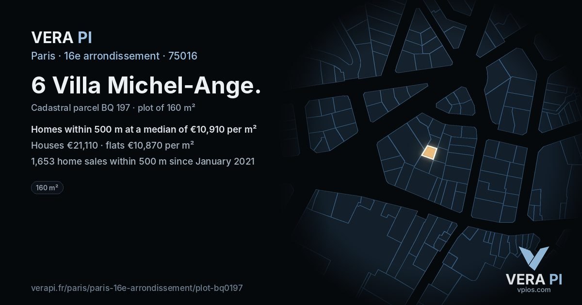 6 Villa Michel-Ange, 16e arrondissement at night – the plot lit, the parcels around coloured by the prices near them