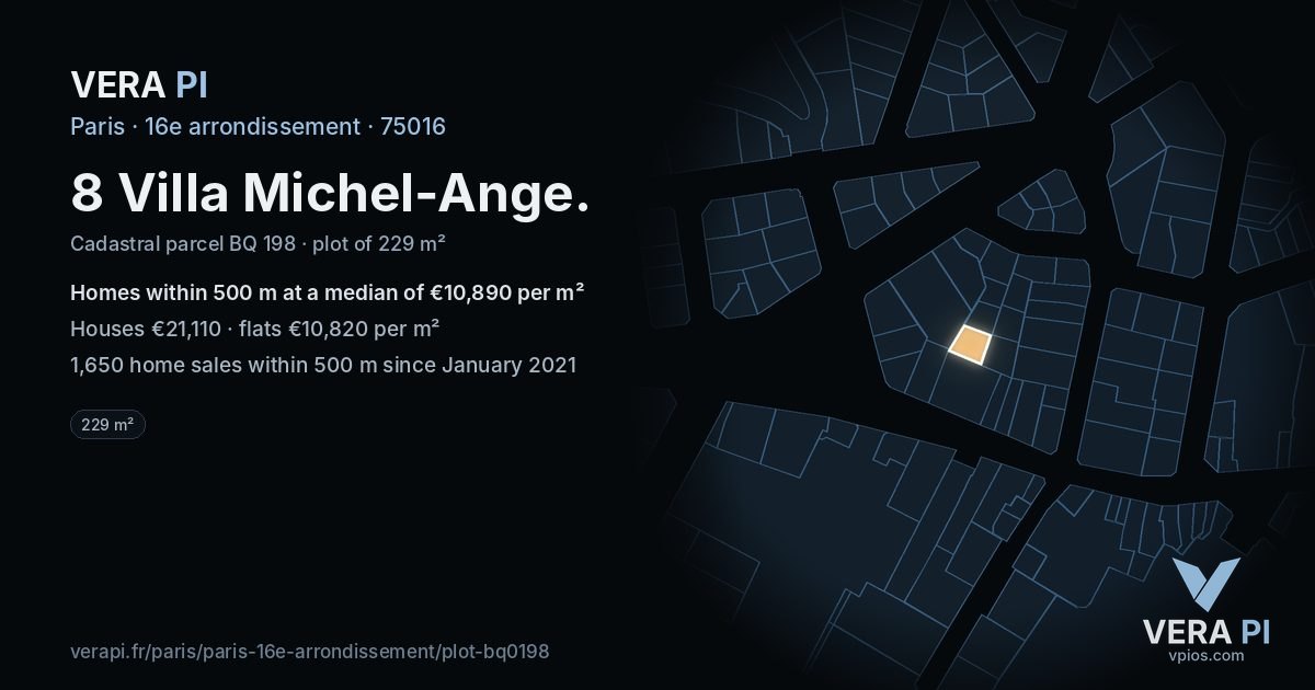 8 Villa Michel-Ange, 16e arrondissement at night – the plot lit, the parcels around coloured by the prices near them