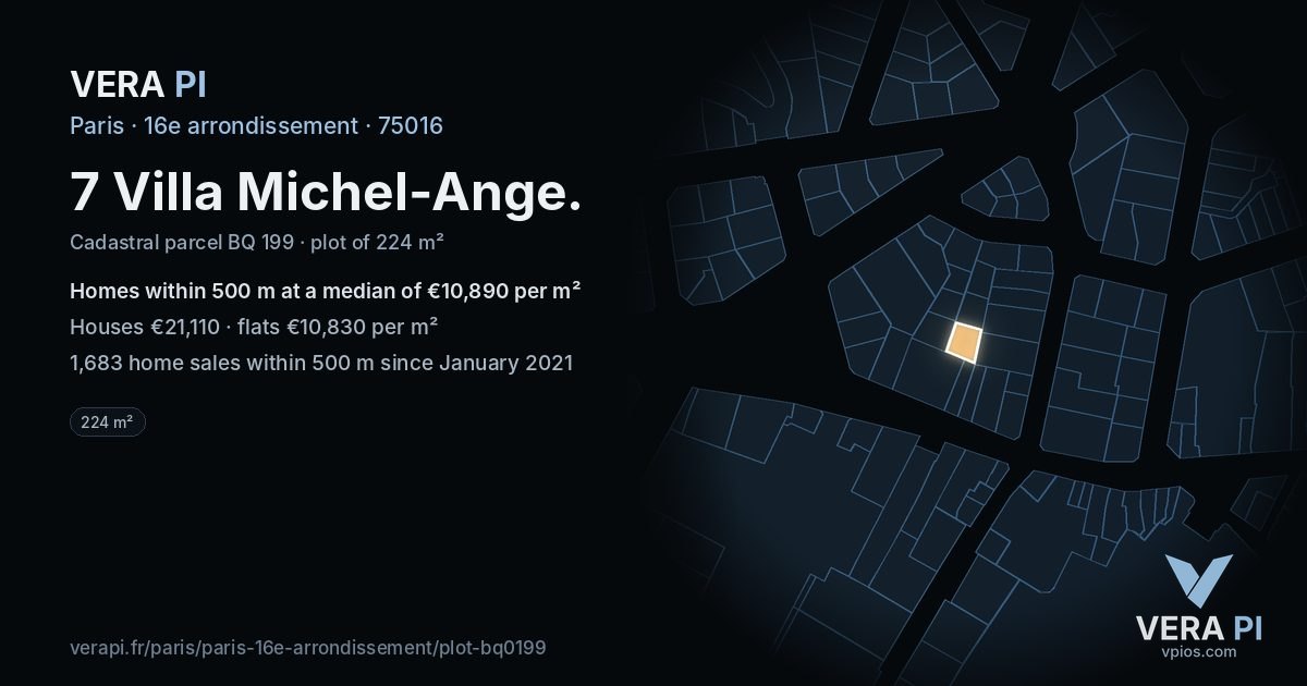7 Villa Michel-Ange, 16e arrondissement at night – the plot lit, the parcels around coloured by the prices near them