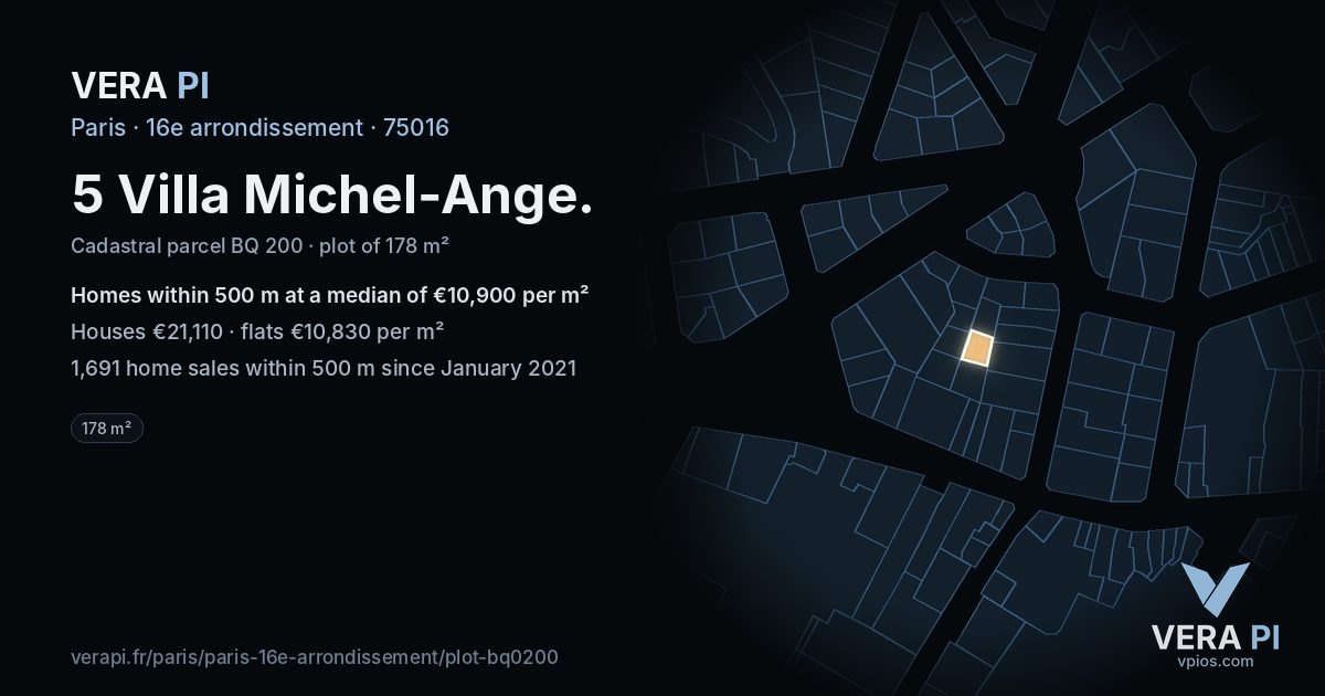 5 Villa Michel-Ange, 16e arrondissement at night – the plot lit, the parcels around coloured by the prices near them
