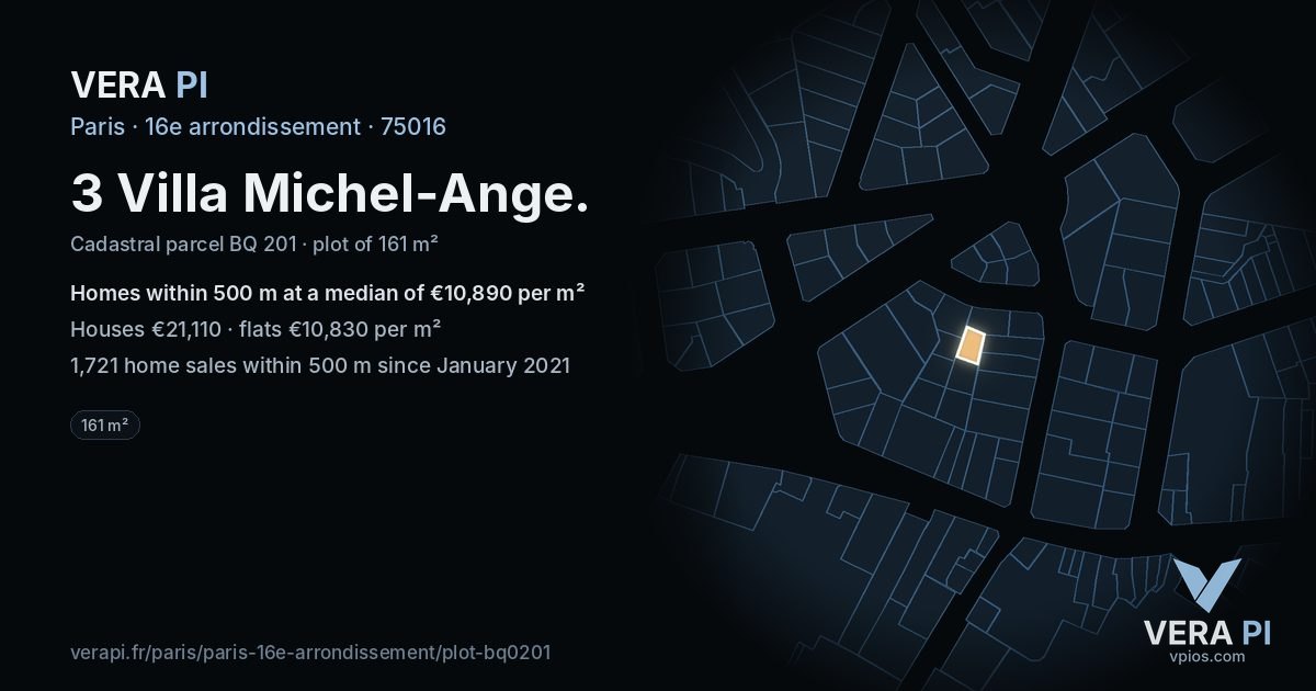 3 Villa Michel-Ange, 16e arrondissement at night – the plot lit, the parcels around coloured by the prices near them