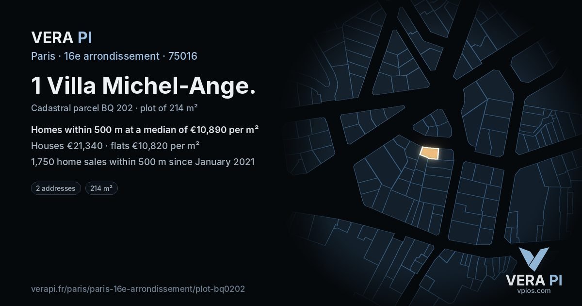 1 Villa Michel-Ange, 16e arrondissement at night – the plot lit, the parcels around coloured by the prices near them
