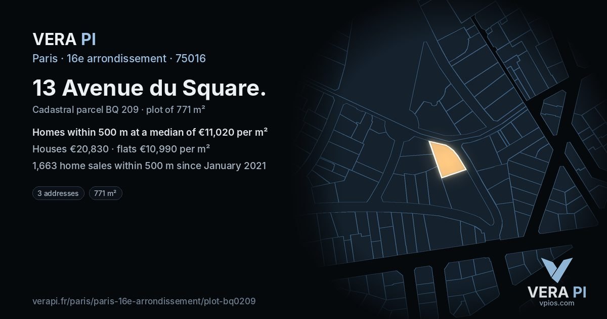 13 Avenue du Square, 16e arrondissement at night – the plot lit, the parcels around coloured by the prices near them