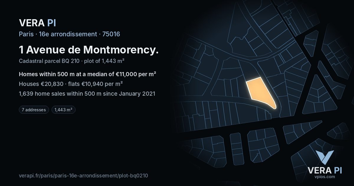 1 Avenue de Montmorency, 16e arrondissement at night – the plot lit, the parcels around coloured by the prices near them