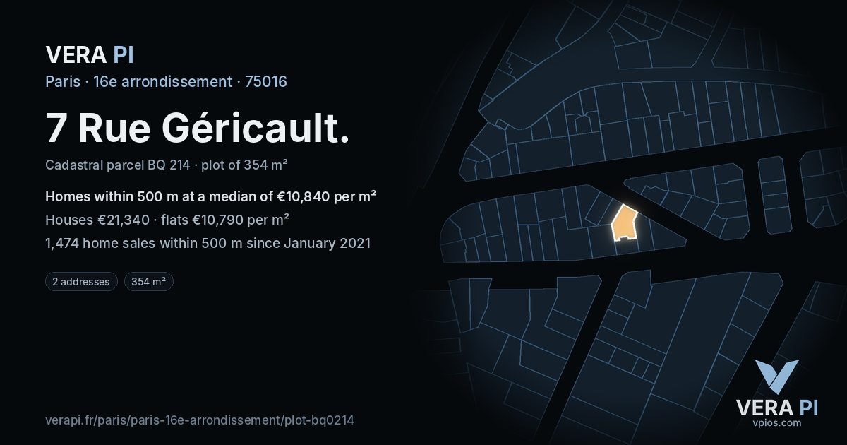7 Rue Géricault, 16e arrondissement at night – the plot lit, the parcels around coloured by the prices near them