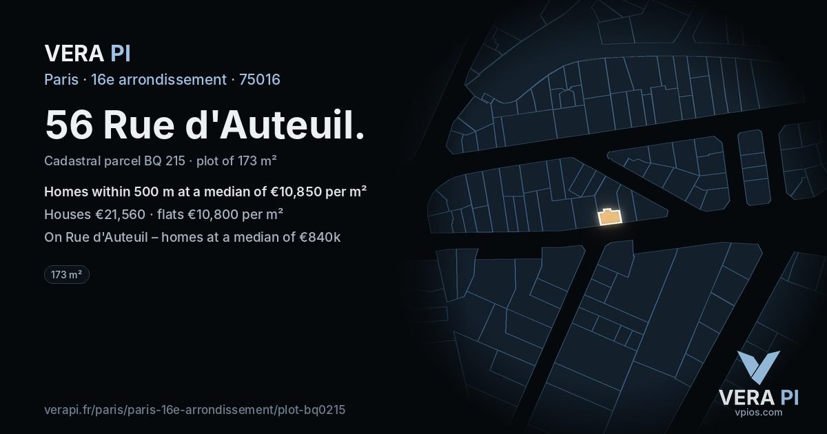 56 Rue d'Auteuil, 16e arrondissement at night – the plot lit, the parcels around coloured by the prices near them
