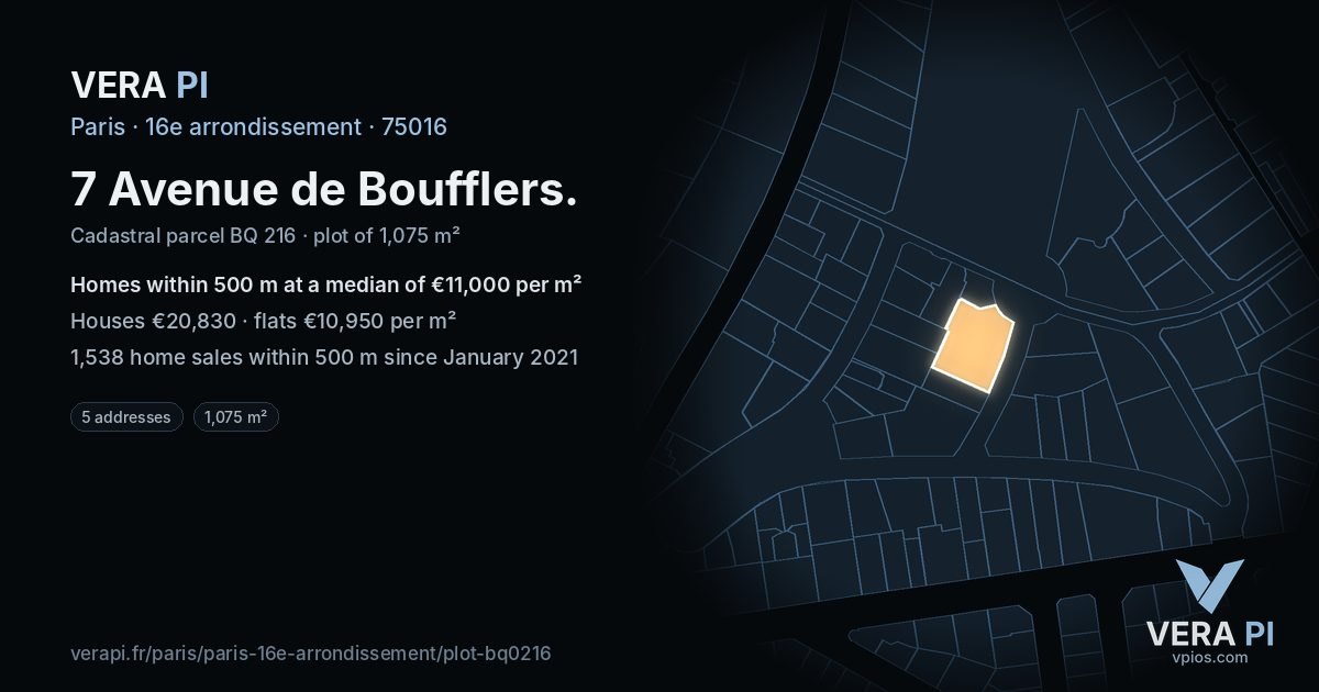 7 Avenue de Boufflers, 16e arrondissement at night – the plot lit, the parcels around coloured by the prices near them