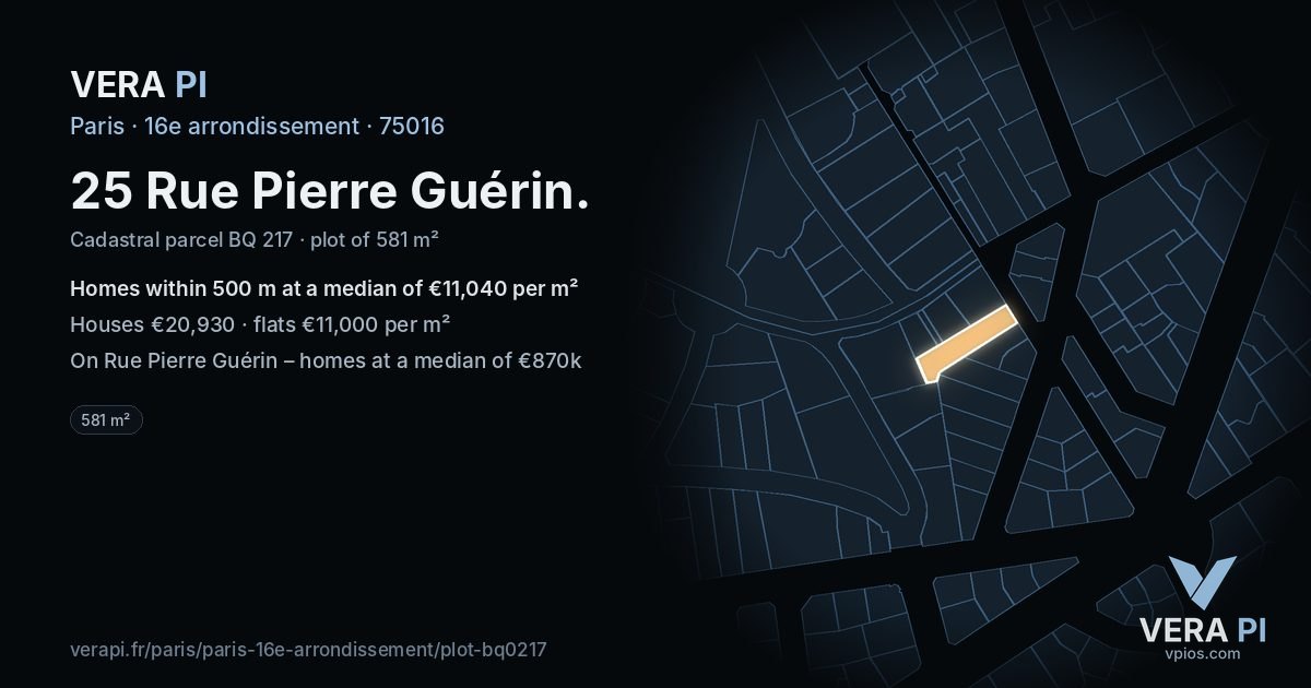 25 Rue Pierre Guérin, 16e arrondissement at night – the plot lit, the parcels around coloured by the prices near them
