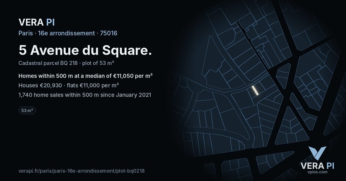 5 Avenue du Square, 16e arrondissement at night – the plot lit, the parcels around coloured by the prices near them