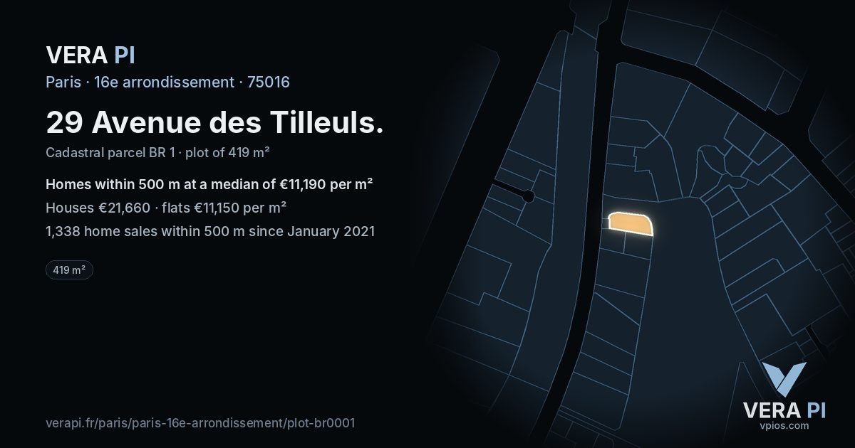 29 Avenue des Tilleuls, 16e arrondissement at night – the plot lit, the parcels around coloured by the prices near them