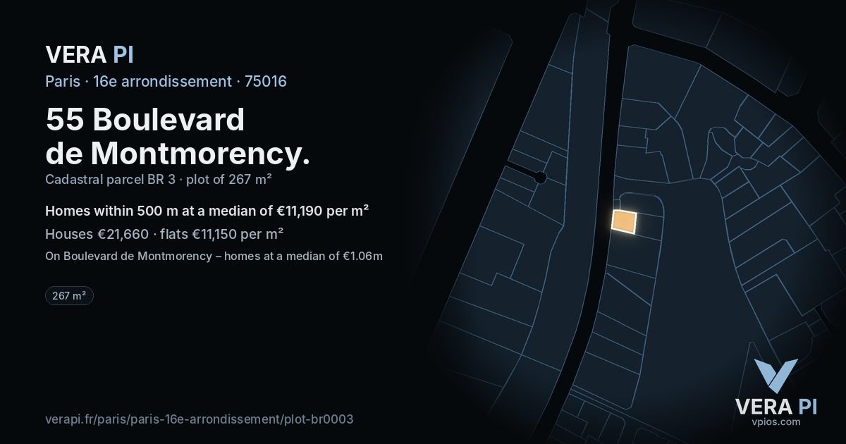 55 Boulevard de Montmorency, 16e arrondissement at night – the plot lit, the parcels around coloured by the prices near them