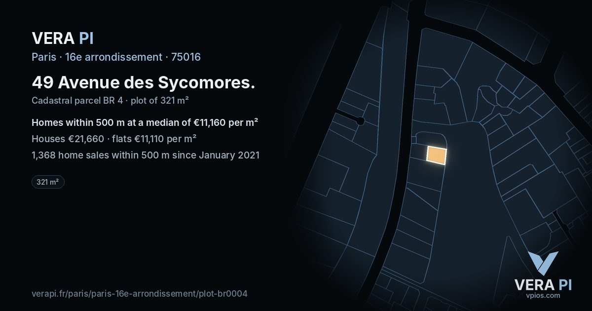 49 Avenue des Sycomores, 16e arrondissement at night – the plot lit, the parcels around coloured by the prices near them