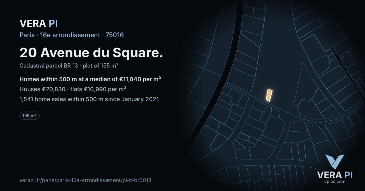 20 Avenue du Square, 16e arrondissement at night – the plot lit, the parcels around coloured by the prices near them